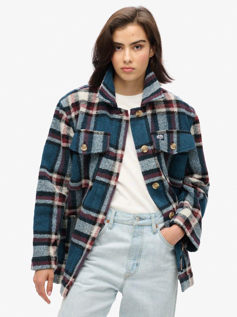 Product image 1 of 6, which shows Superdry Check Heavyweight Overshirt, Petrol Blue, 8