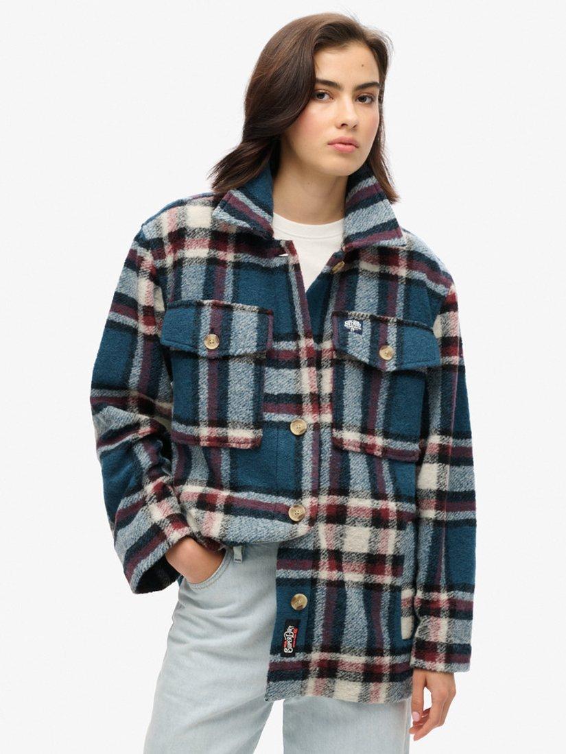 Product image 3 of 6, which shows Superdry Check Heavyweight Overshirt, Petrol Blue, 8