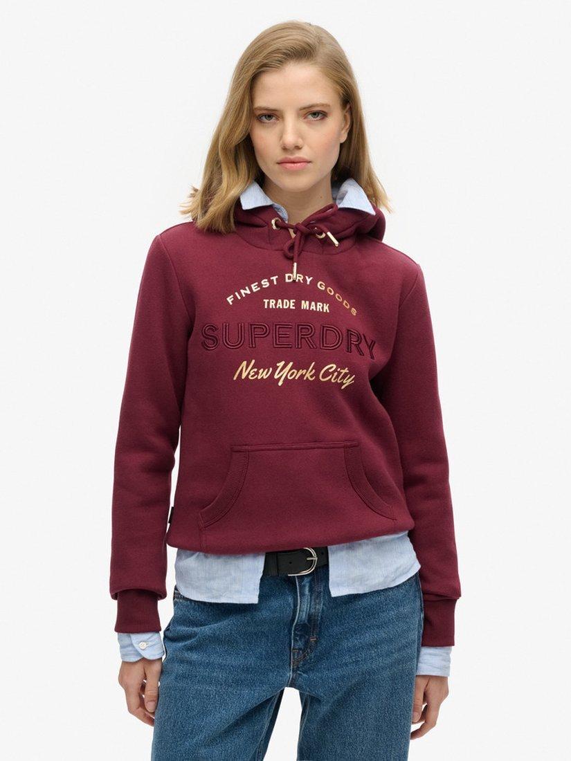 Product image 1 of 4, which shows Superdry Luxe Metallic Logo Hoodie, Burgundy, 8