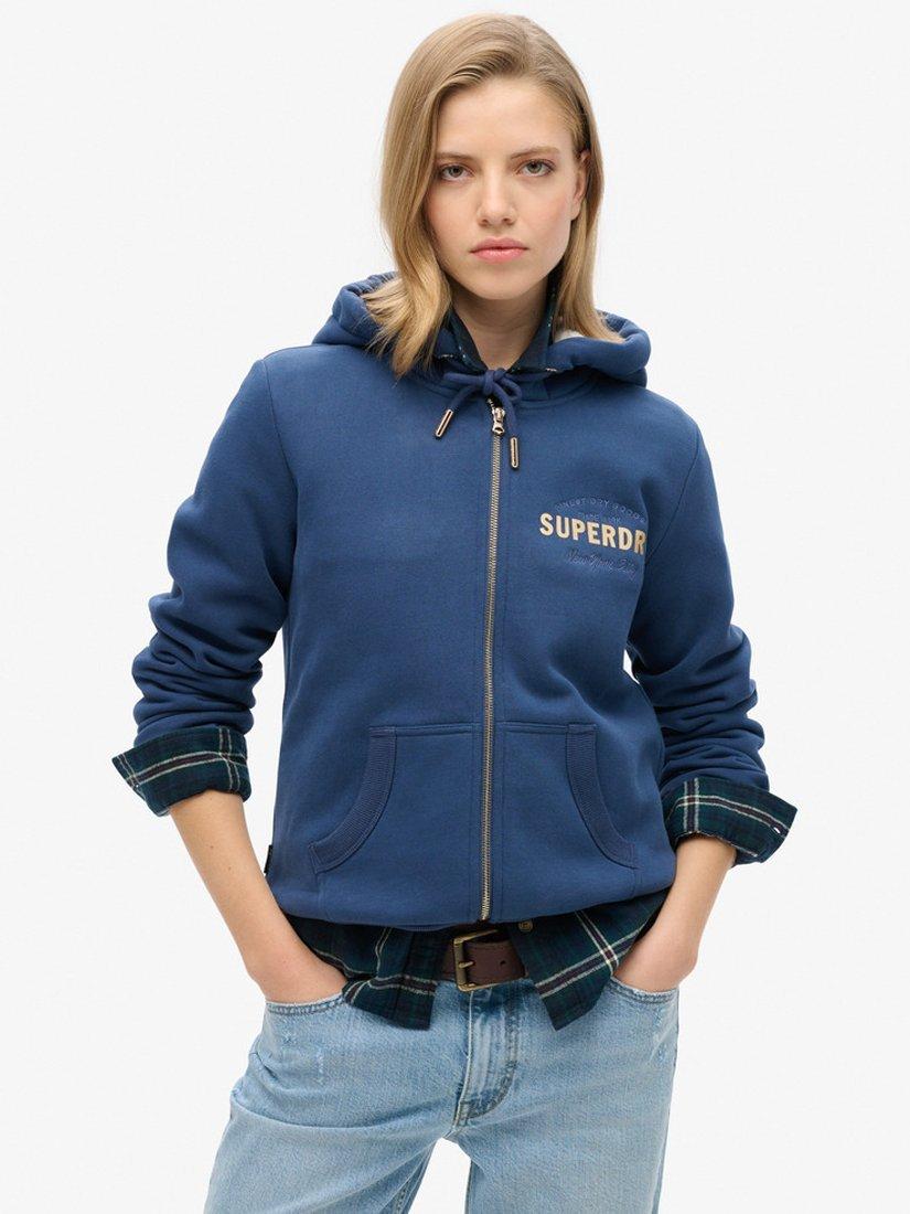 Product image 1 of 4, which shows Superdry Luxe Metallic Logo Zip Hoodie, Sargasso Sea Blue, 8