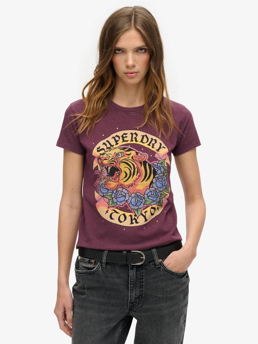 Product image 1 of 5, which shows Superdry Tattoo Rhinestone T-Shirt, Fig Purple, 8