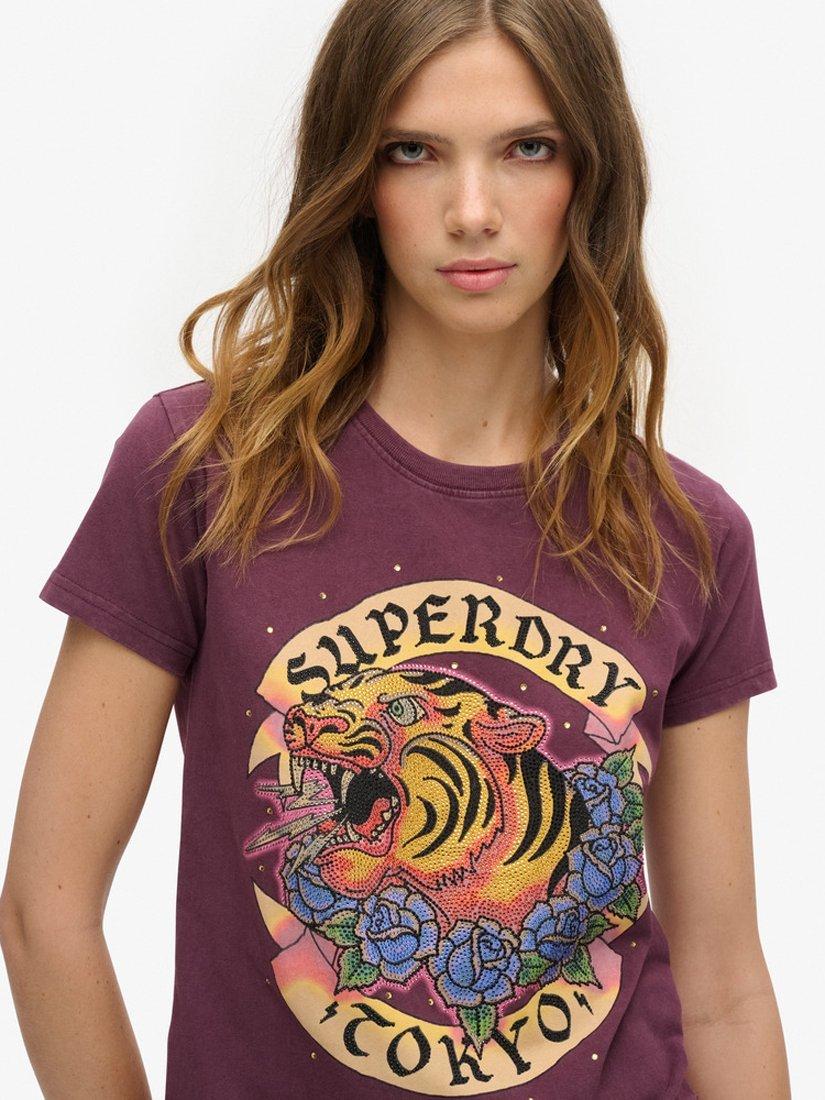 Product image 4 of 5, which shows Superdry Tattoo Rhinestone T-Shirt, Fig Purple, 8