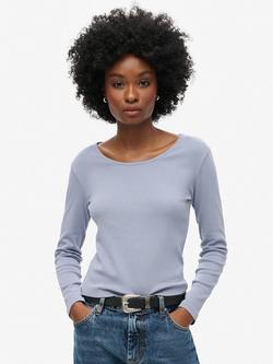 Superdry Fine Rib Scoop Neck Long Sleeve Top, Tidal Blue