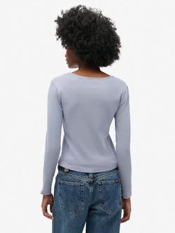Superdry Fine Rib Scoop Neck Long Sleeve Top - view 2, Tidal Blue