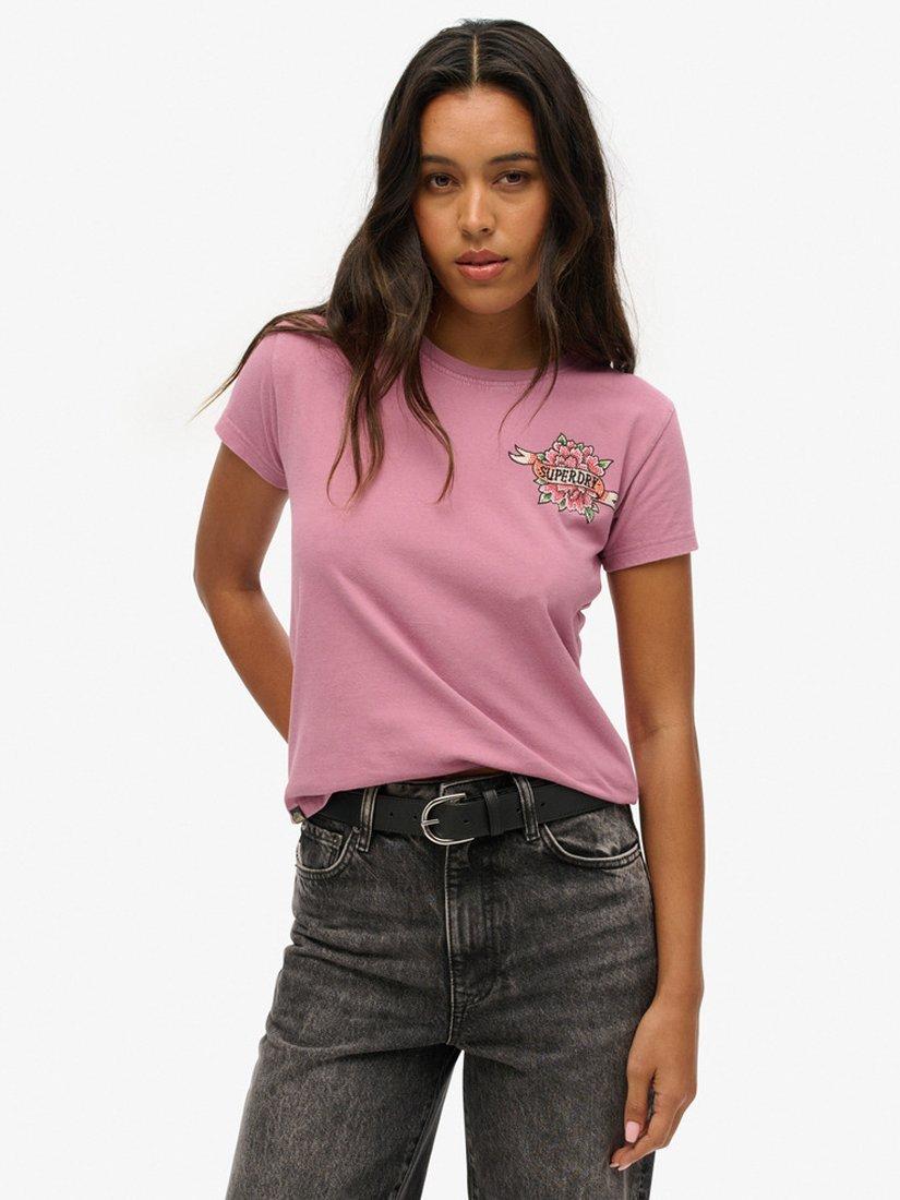 Superdry Tattoo Rhinestone Fitted T-Shirt, Dusky Orchid Purple