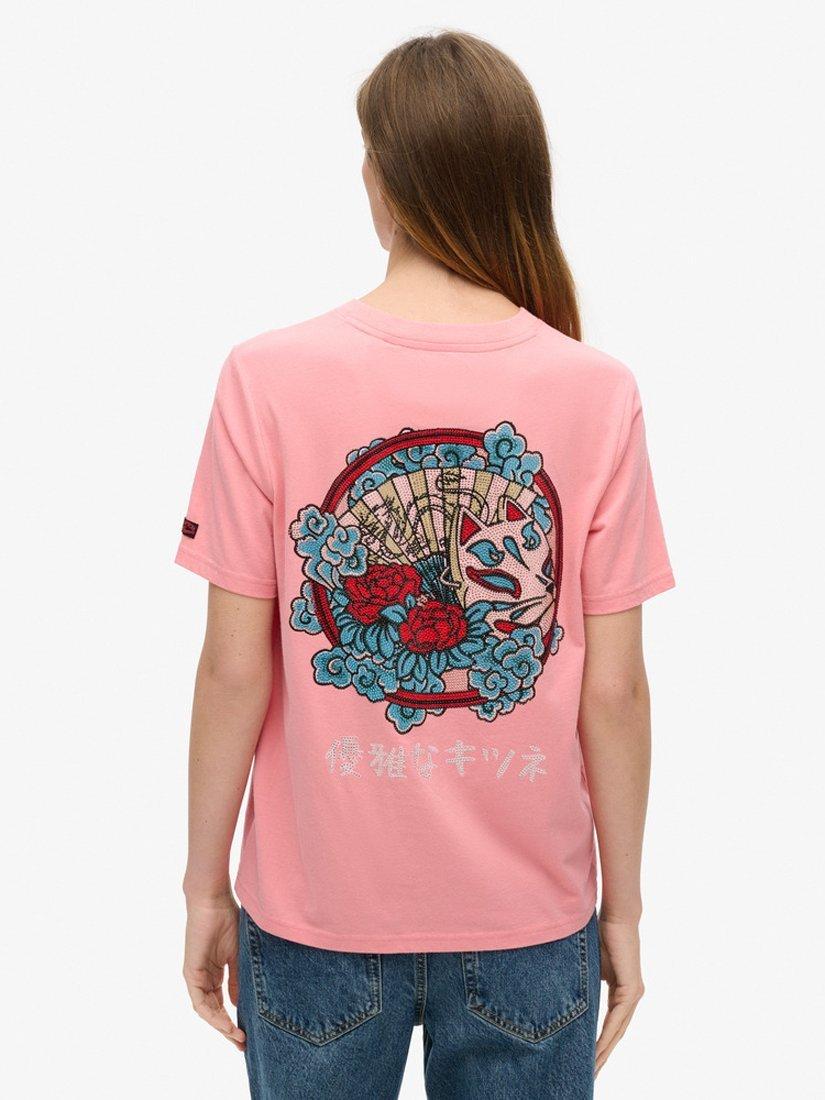 Product image 2 of 5, which shows Superdry Tokyo Rhinestone Relaxed T-Shirt, Peach Blossom, 8