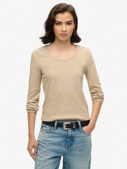 Superdry Fine Rib Scoop Neck Long Sleeve Top, Crockery Brown Marl, Crockery Brown Marl