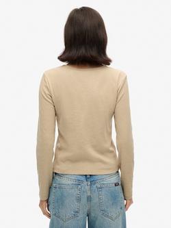 Superdry Fine Rib Scoop Neck Long Sleeve Top, Crockery Brown Marl - view 2, Crockery Brown Marl