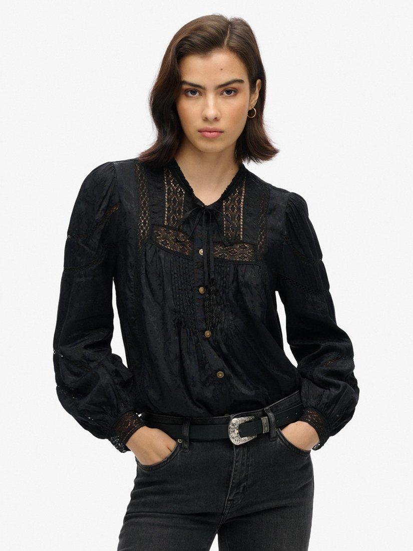 Product image 1 of 6, which shows Superdry Woven Lace Long Sleeved Blouse, Black, 8