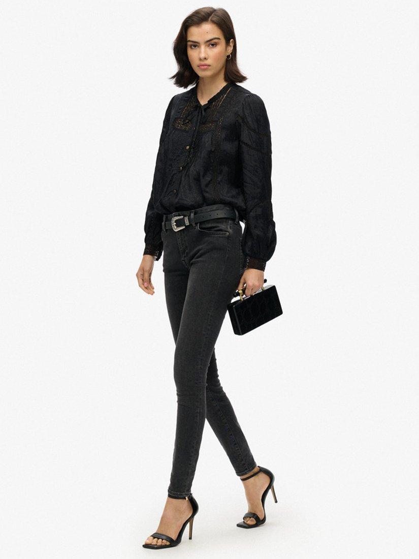 Product image 3 of 6, which shows Superdry Woven Lace Long Sleeved Blouse, Black, 8