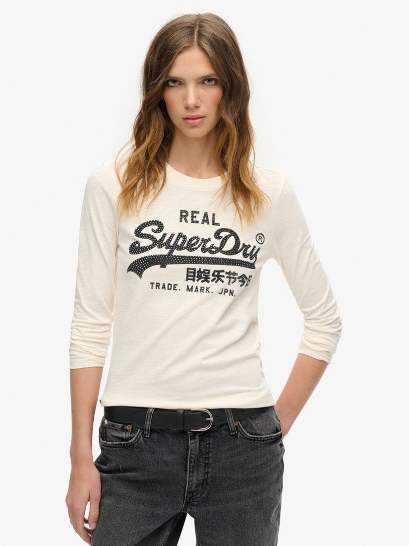 Superdry Embellished Vintage Logo Graphic Top, Cream Slub