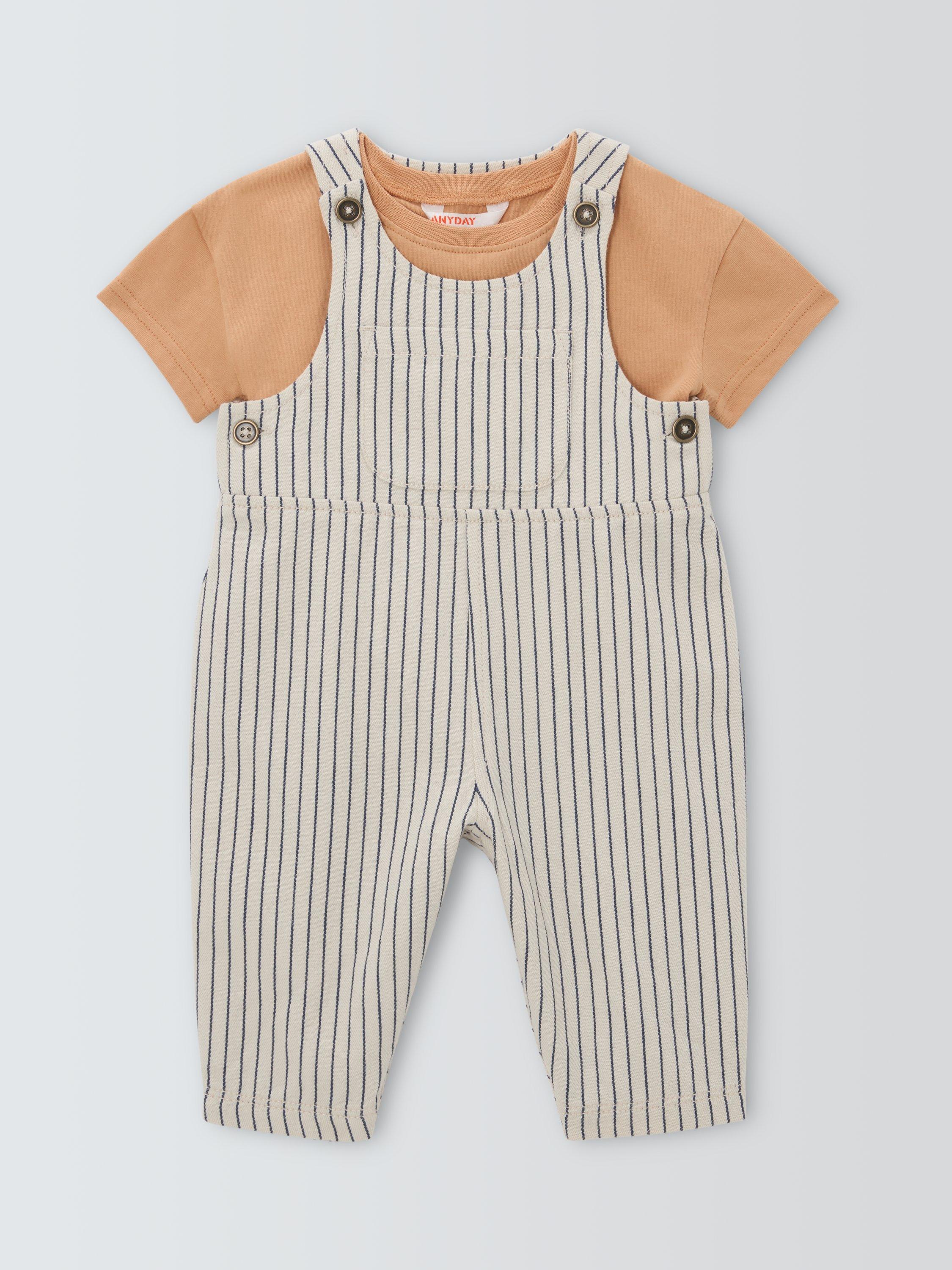 Product image 1 of 3, which shows John Lewis ANYDAY Baby Ticking Stripe Dungarees and T-Shirt Set, Cream/ Navy Stripe, 3-6 months