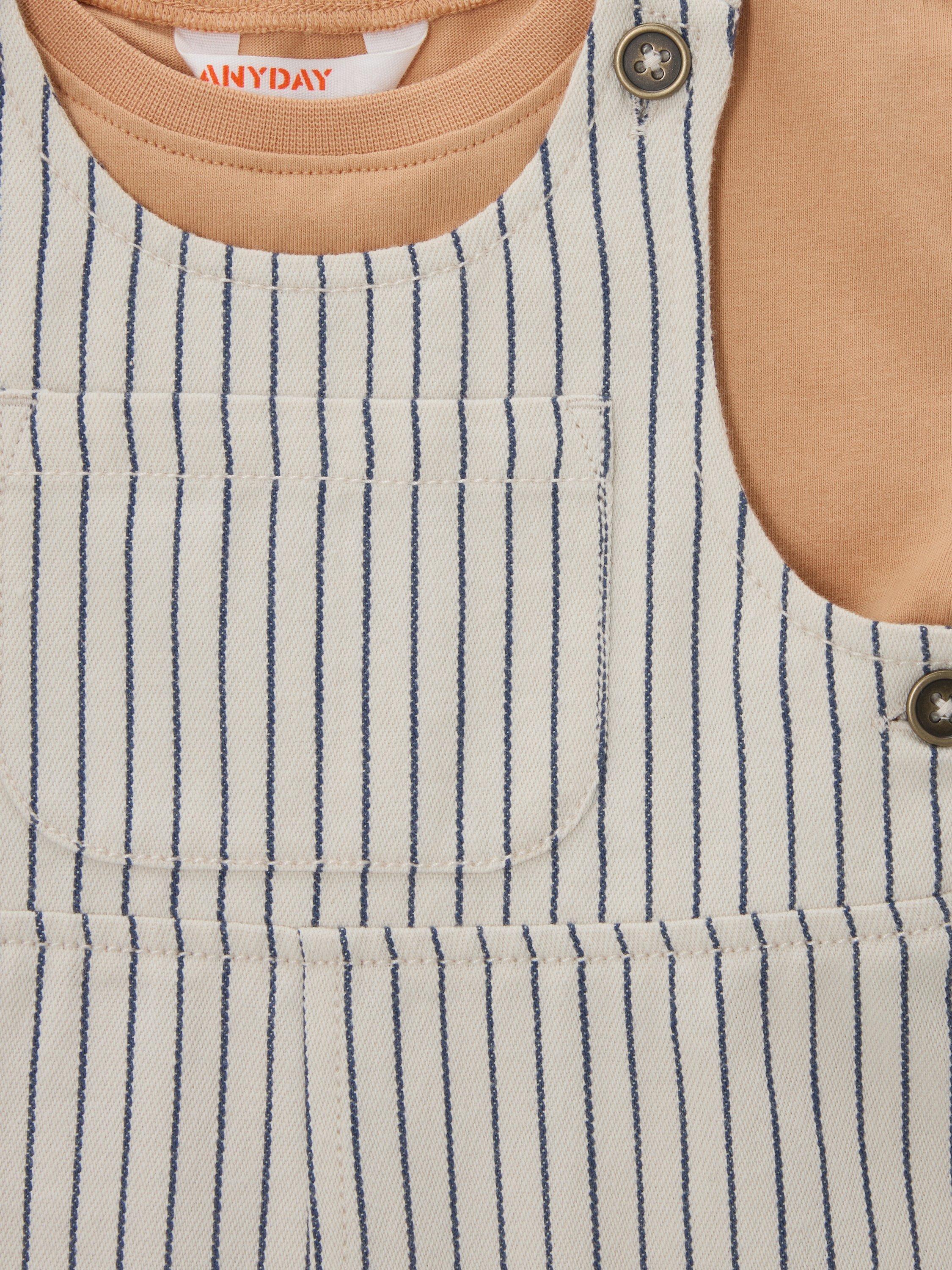 Product image 3 of 3, which shows John Lewis ANYDAY Baby Ticking Stripe Dungarees and T-Shirt Set, Cream/ Navy Stripe, 3-6 months