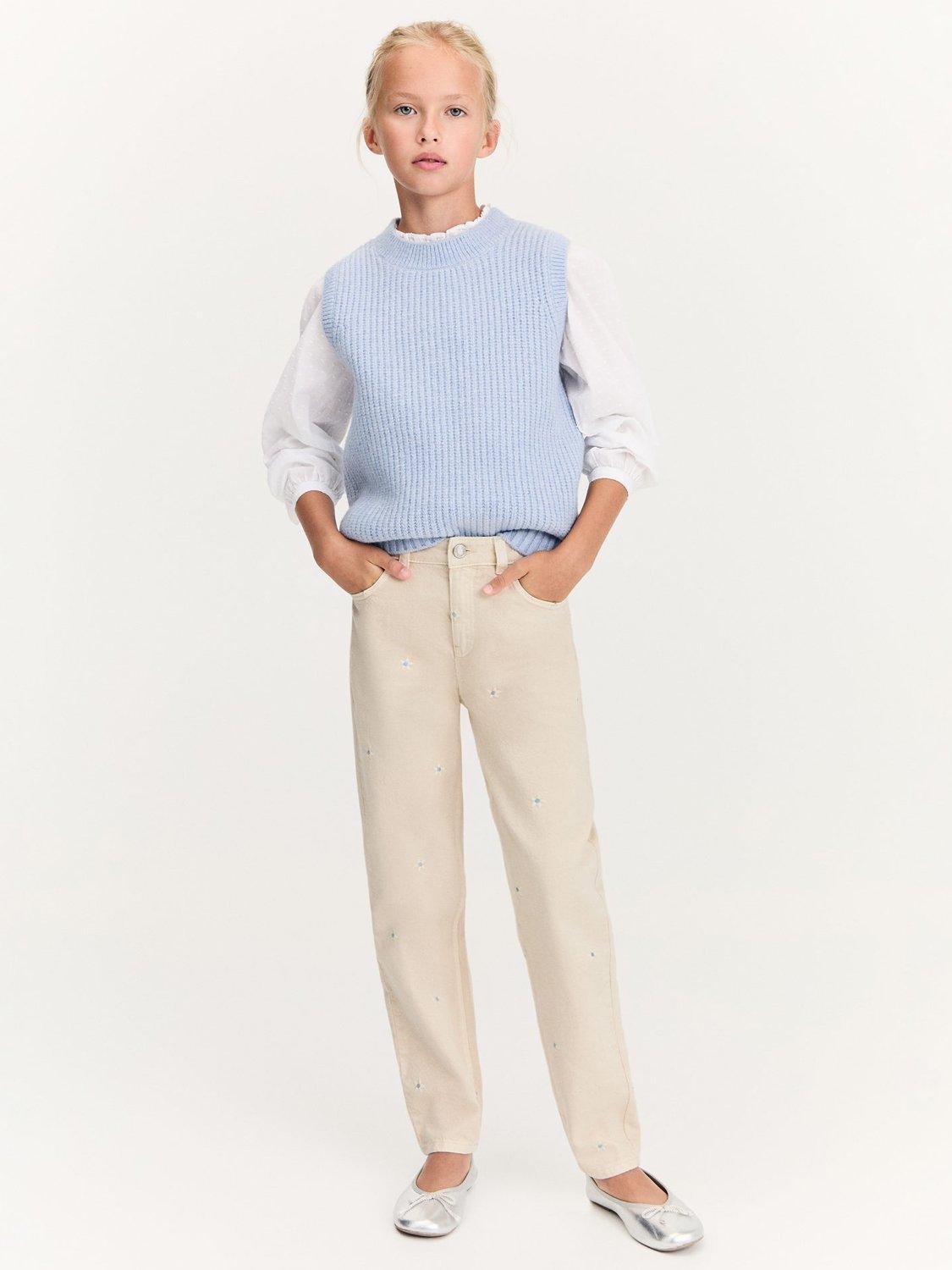 Product image 1 of 6, which shows Mango Kids' Back to School Daisy Cotton Embroidered Jeans, Pastel Brown, 10 years