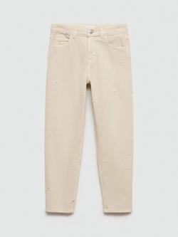 Mango Kids' Back to School Daisy Cotton Embroidered Jeans, Pastel Brown - view 2, Pastel Brown
