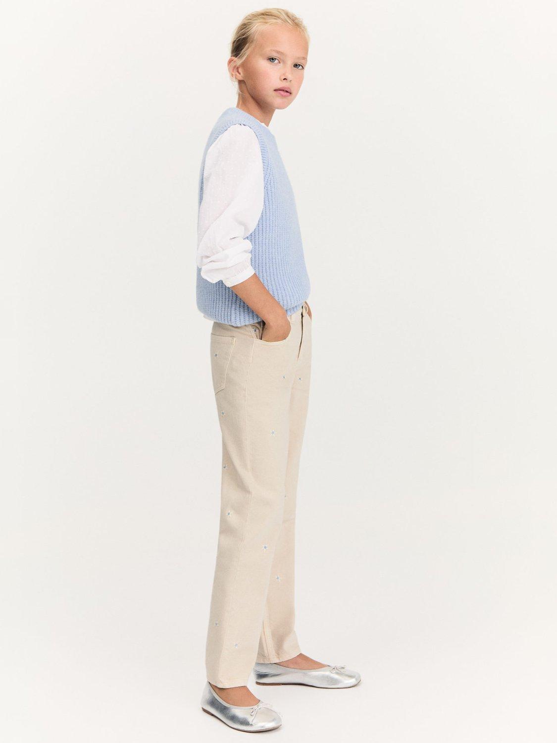 Product image 5 of 6, which shows Mango Kids' Back to School Daisy Cotton Embroidered Jeans, Pastel Brown, 10 years