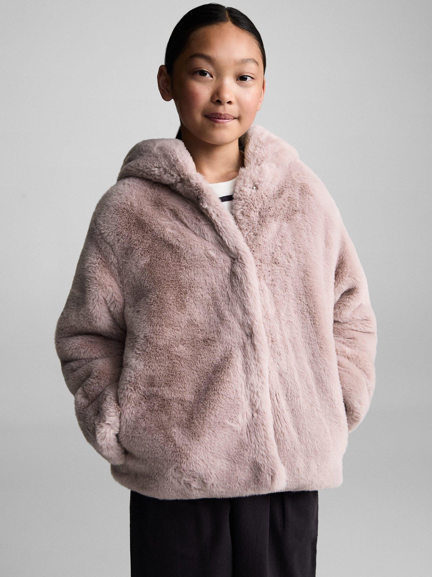 Mango Kids Bolita Faux Fur Hooded Coat Pink