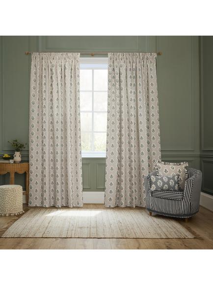Sanderson Sessile Leaf Pair Lined Pencil Pleat Curtains, Flax