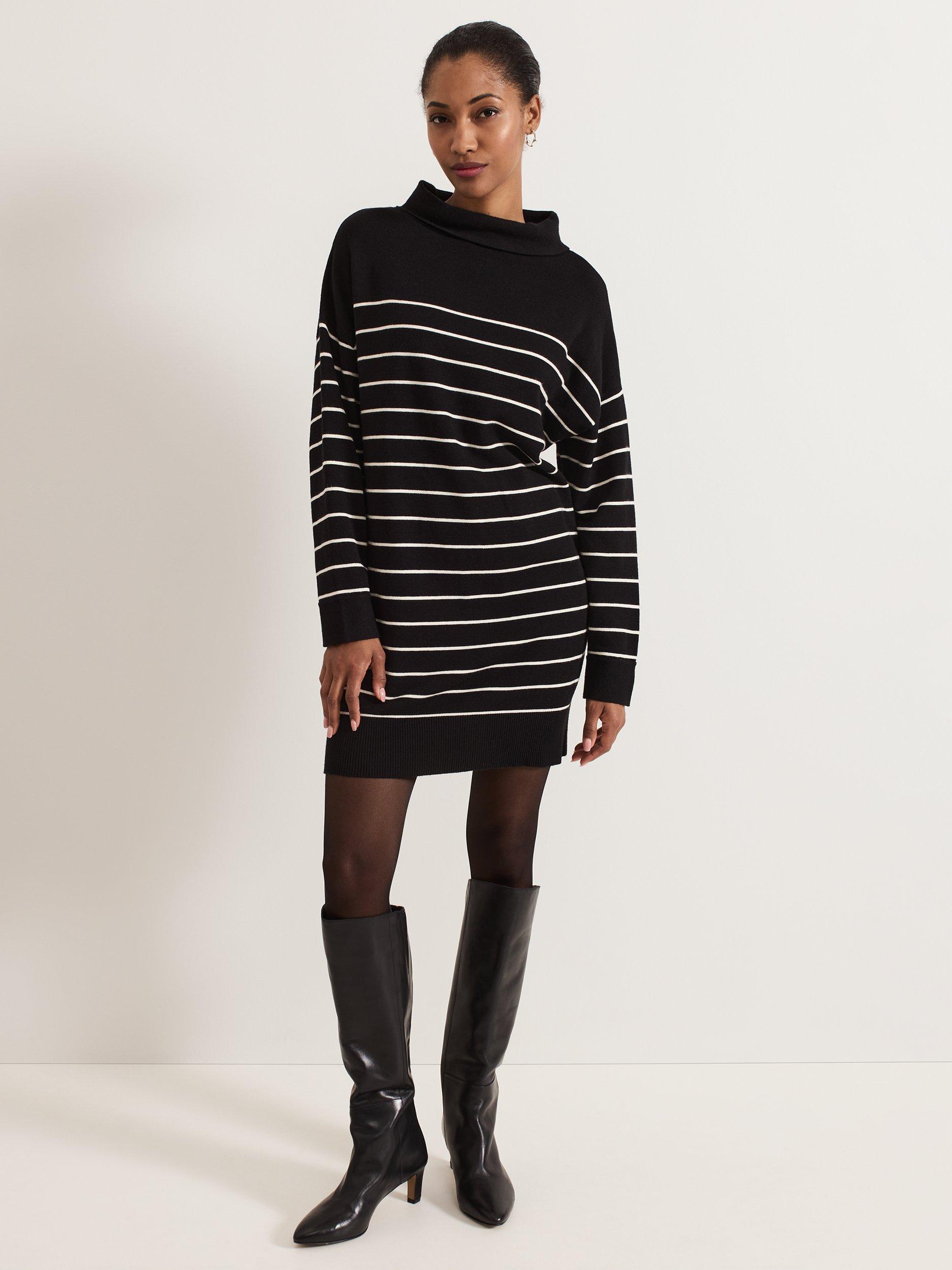 Phase Eight Skylar Stripe Funnel Neck Jumper Dress Black Ivory