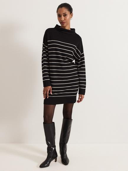 Phase Eight Skylar Stripe Funnel Neck Jumper Dress, Black/Ivory, Black/Ivory