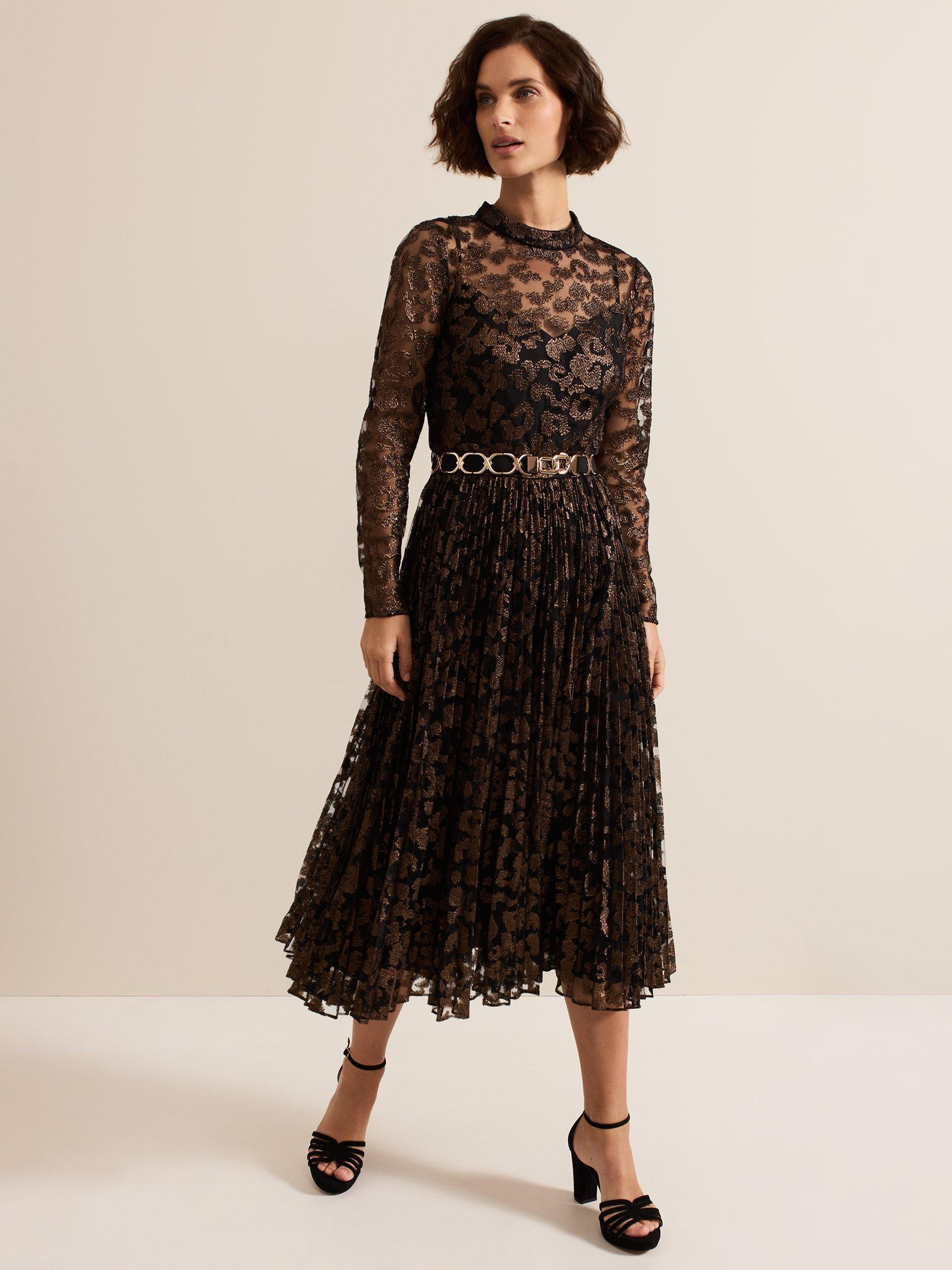 Phase Eight Theodora Leopard Print Pleated Midi Dress Black Bronze