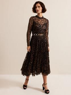 Phase Eight Theodora Leopard Print Pleated Midi Dress, Black/Bronze, Black/Bronze