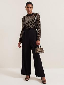 Phase Eight Amelia Metallic Diamond Mesh Bodice Jumpsuit, Black/Multi, Black/Multi