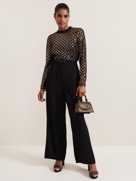 Phase Eight Amelia Metallic Diamond Mesh Bodice Jumpsuit, Black/Multi, Black/Multi