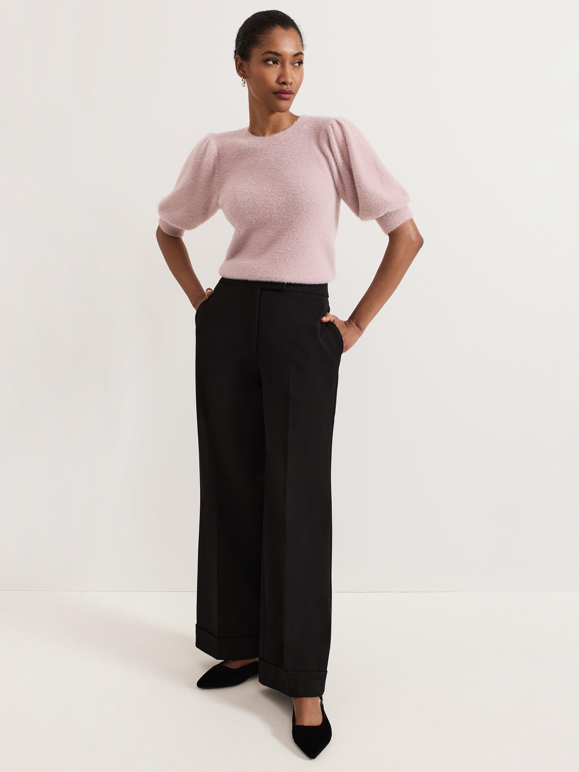 Product image 3 of 9, which shows Phase Eight Fern Knit Puff Sleeve Top, Pink, XS