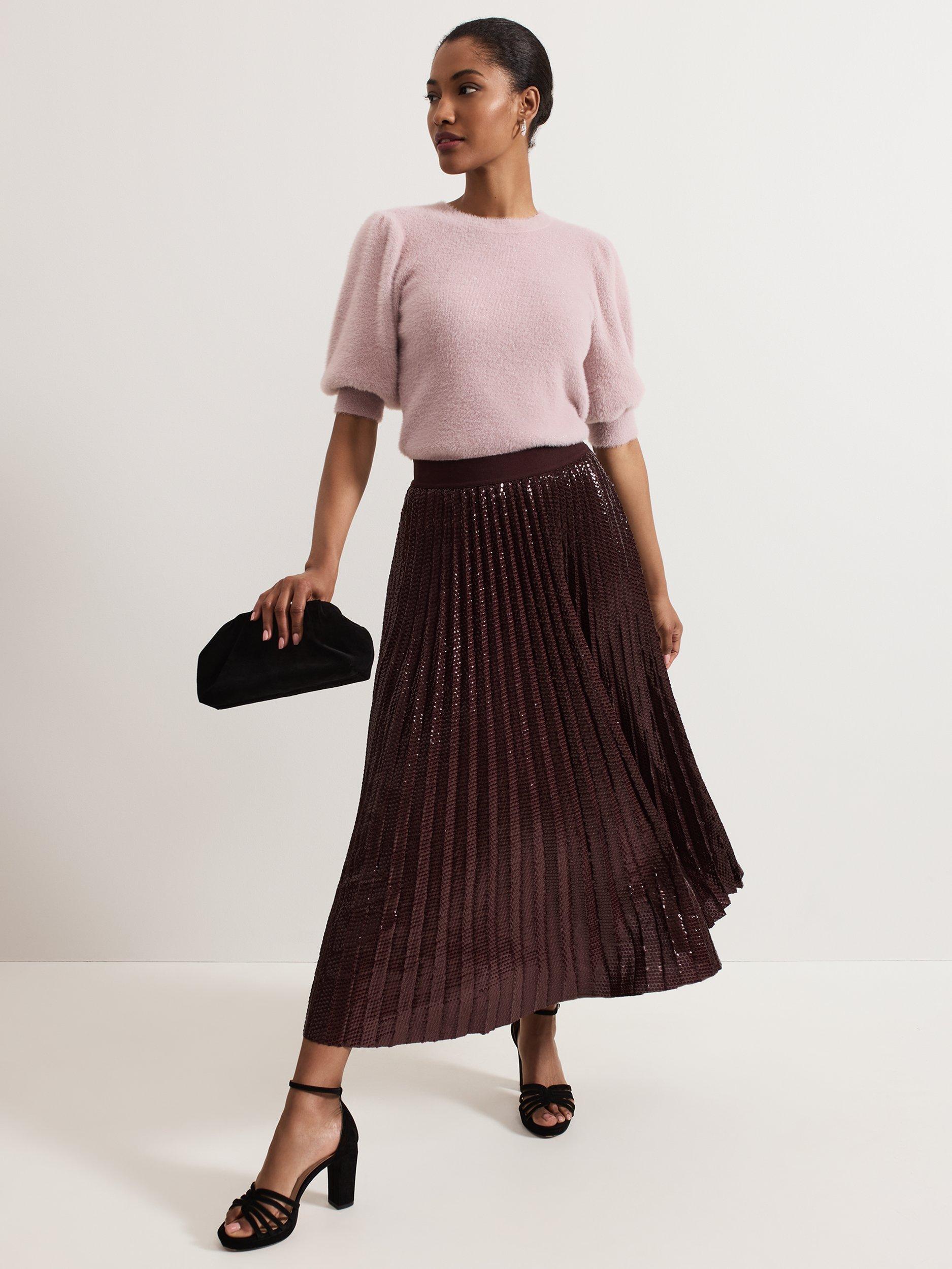 Product image 8 of 9, which shows Phase Eight Fern Knit Puff Sleeve Top, Pink, XS