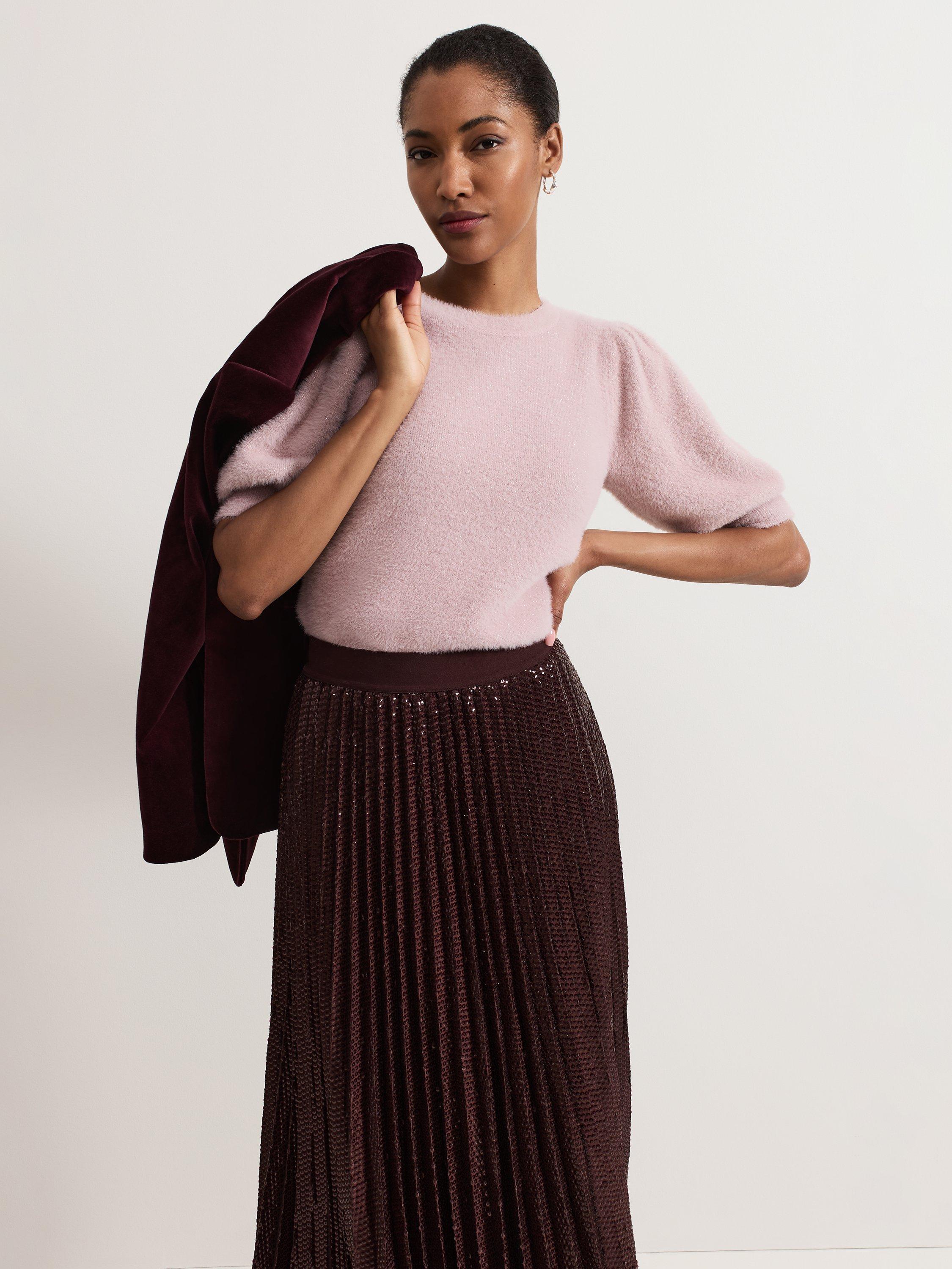 Product image 9 of 9, which shows Phase Eight Fern Knit Puff Sleeve Top, Pink, XS