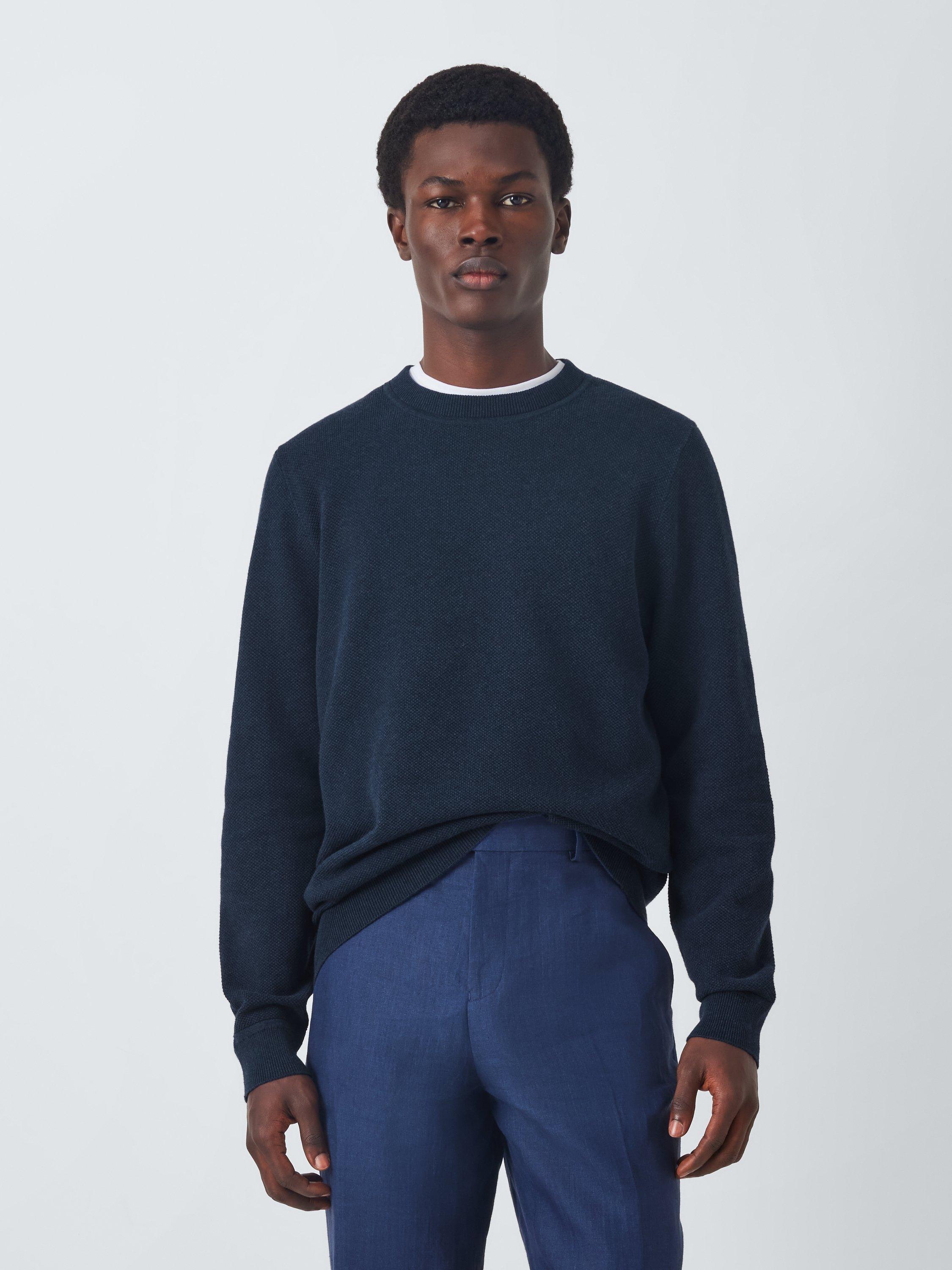 John Lewis Seed Stitch Cotton Knit Crew Neck Jumper, Navy, S