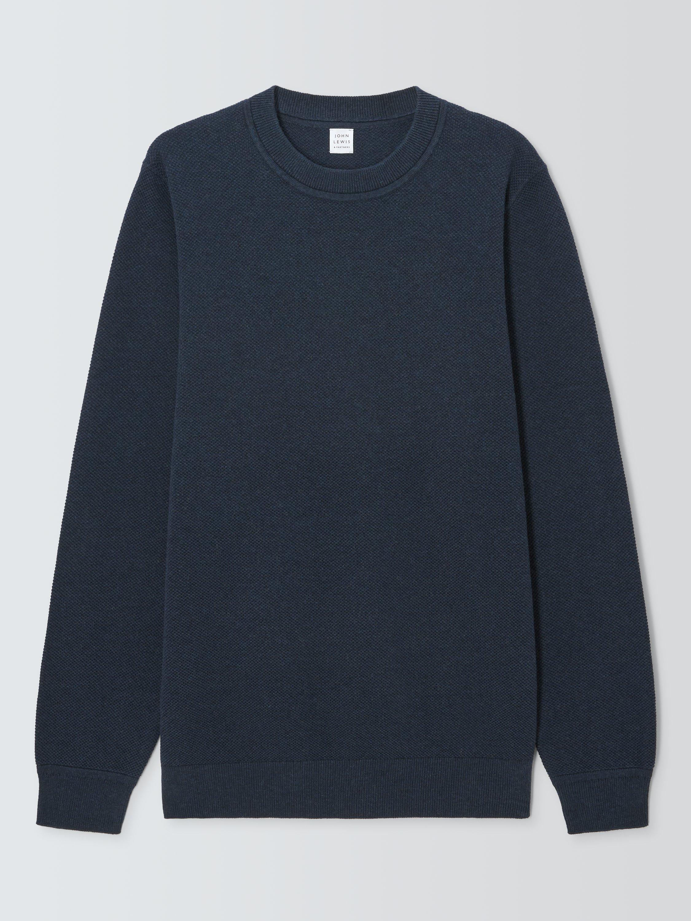 John Lewis Seed Stitch Cotton Knit Crew Neck Jumper, Navy, S