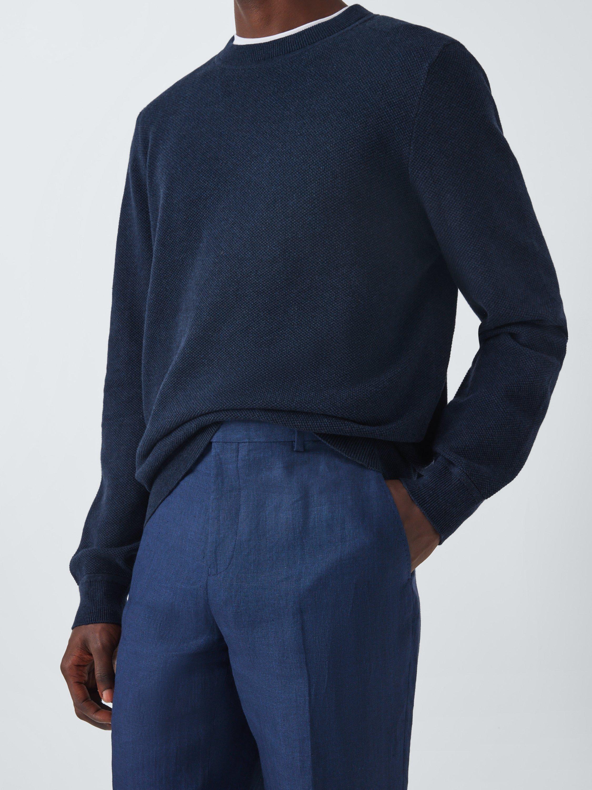 John Lewis Seed Stitch Cotton Knit Crew Neck Jumper, Navy, S