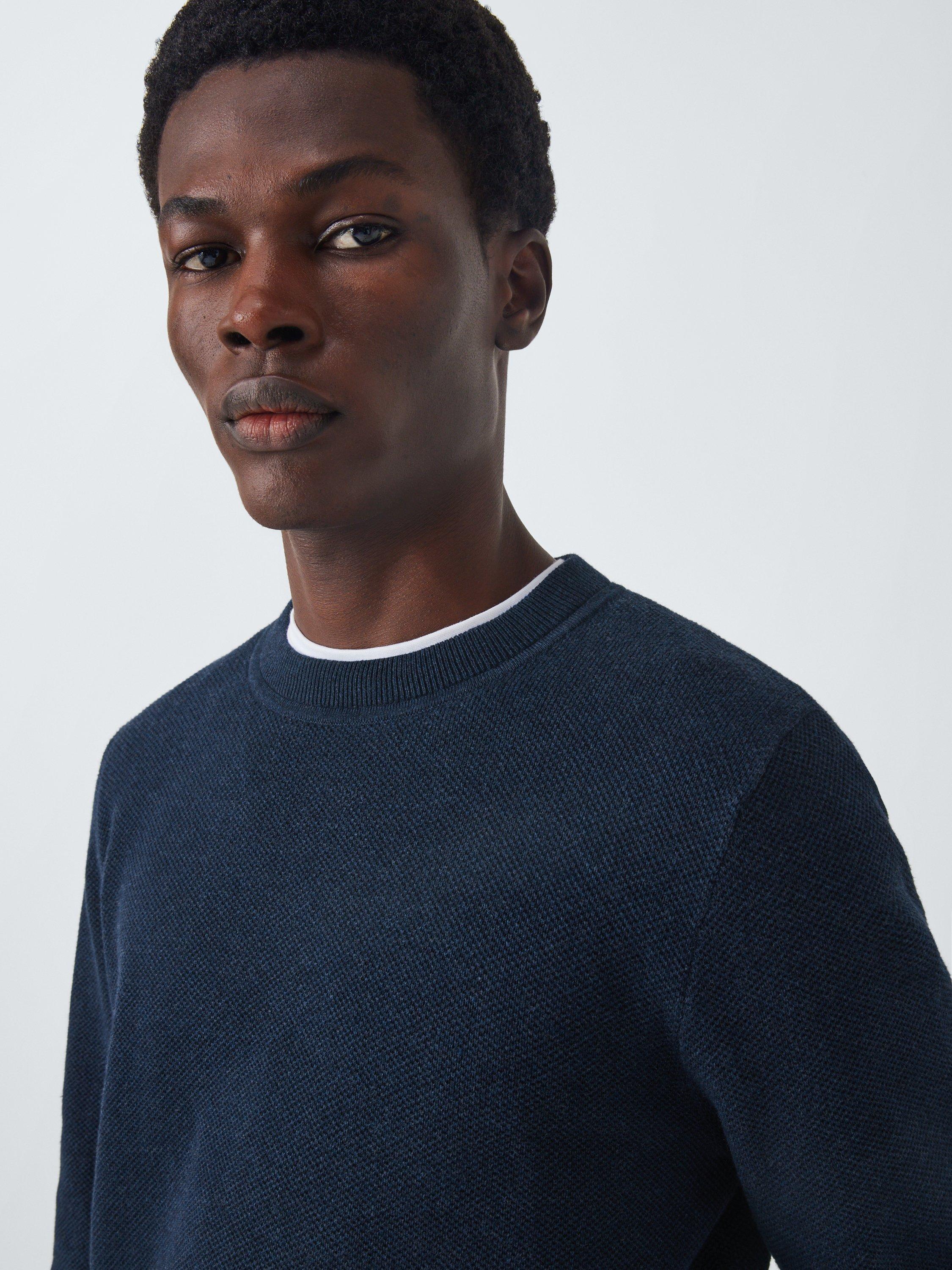John Lewis Seed Stitch Cotton Knit Crew Neck Jumper, Navy, S