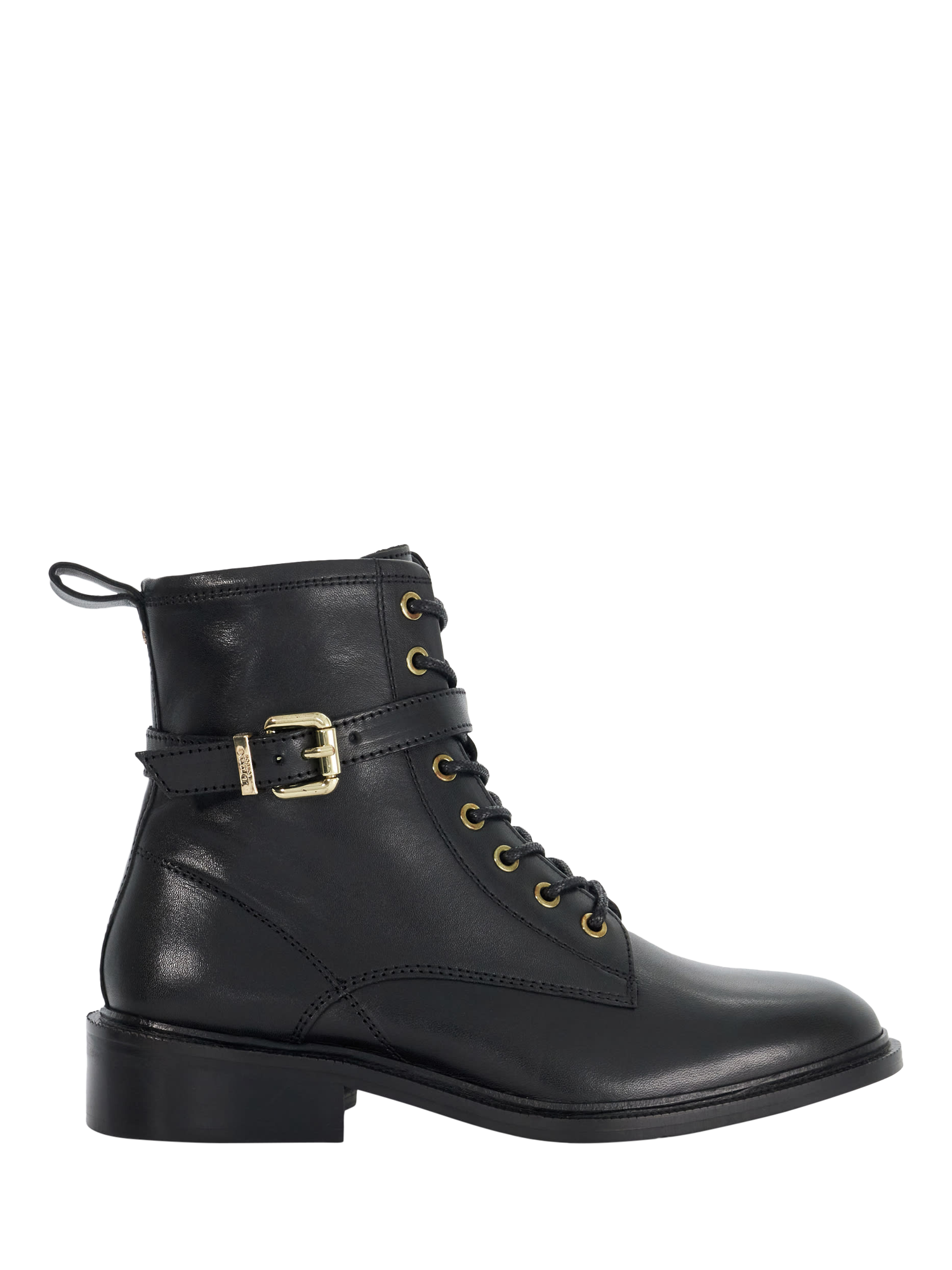 Product image 1 of 5, which shows Dune Puckles Leather Chunky Lace Up Buckle Boots, Black, EU37