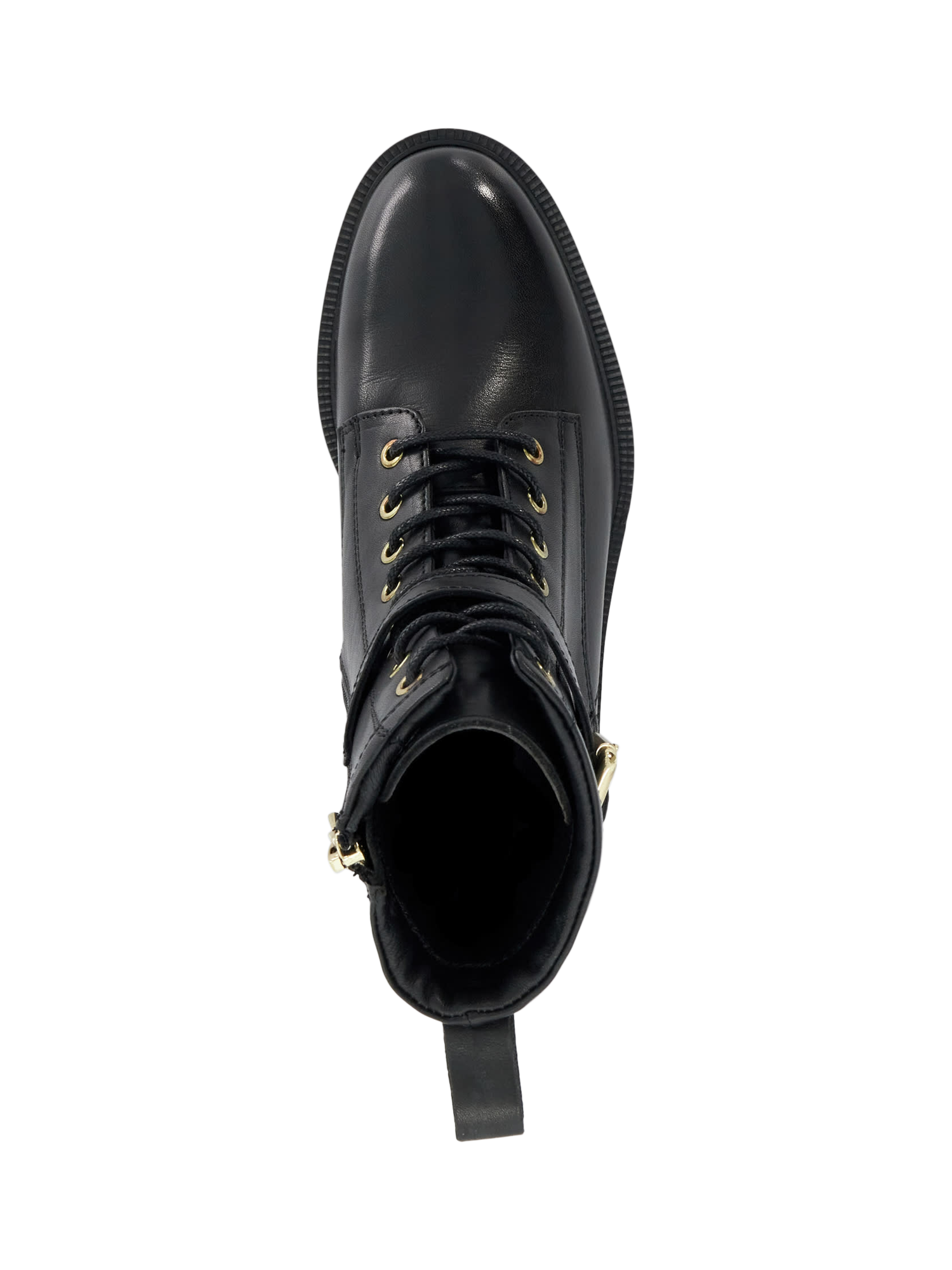 Product image 2 of 5, which shows Dune Puckles Leather Chunky Lace Up Buckle Boots, Black, EU37