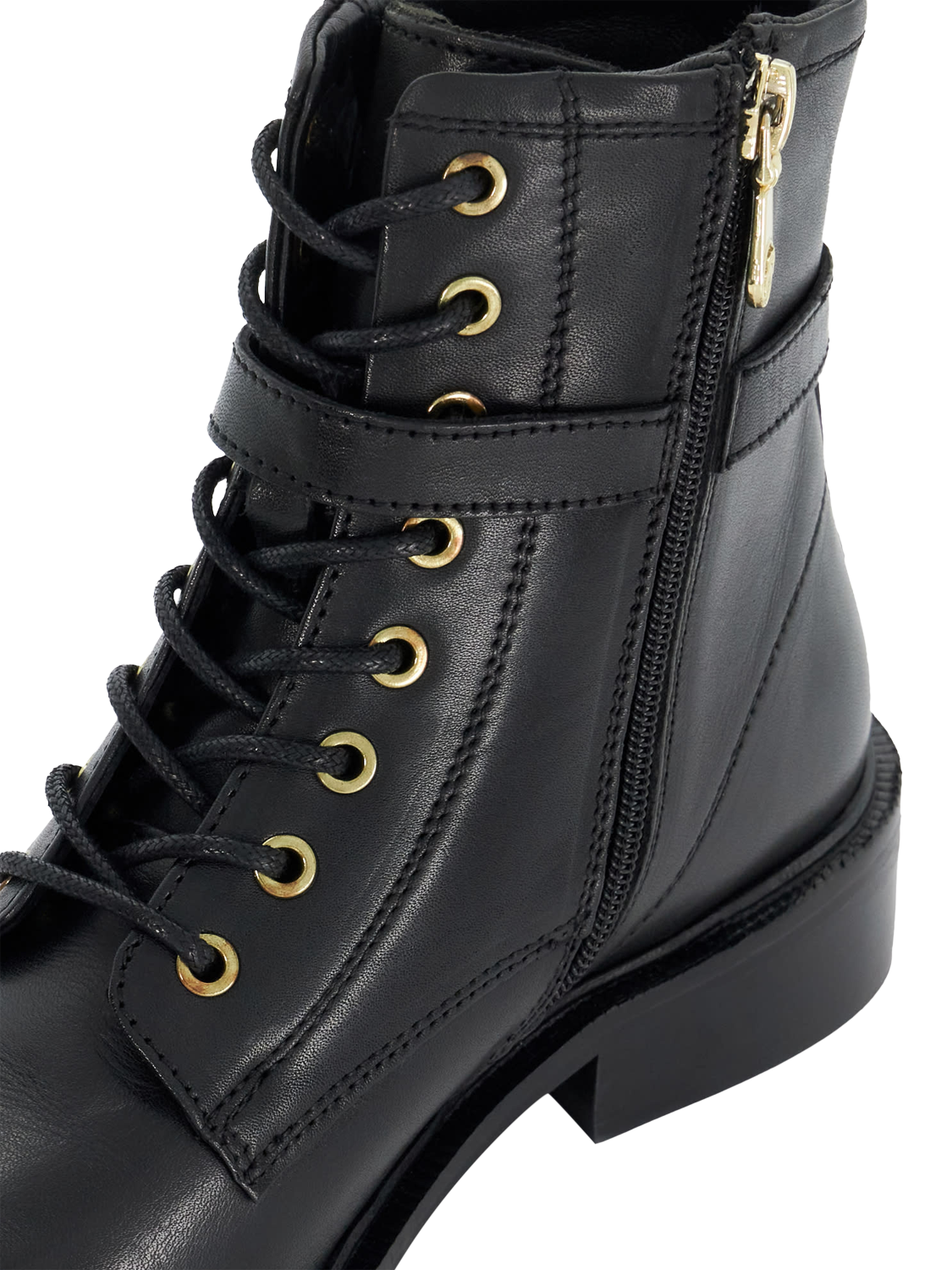 Product image 5 of 5, which shows Dune Puckles Leather Chunky Lace Up Buckle Boots, Black, EU37