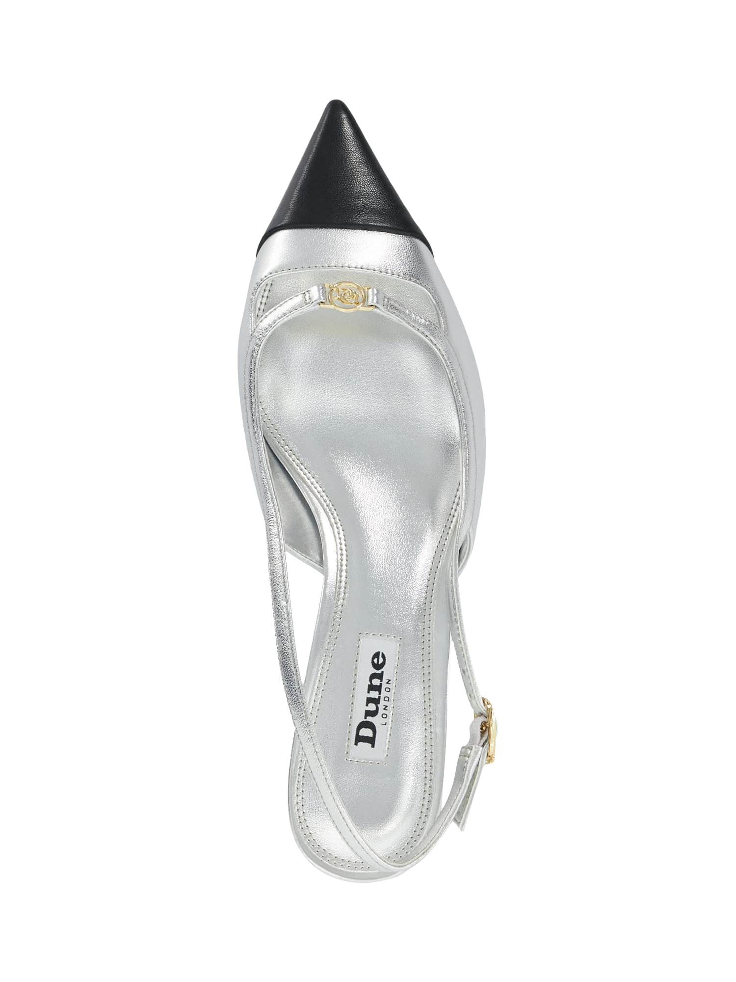 Product image 3 of 6, which shows Dune London Capsule Leather Contrast Toe Slingback Kitten Heel Sandals, Silver, EU36