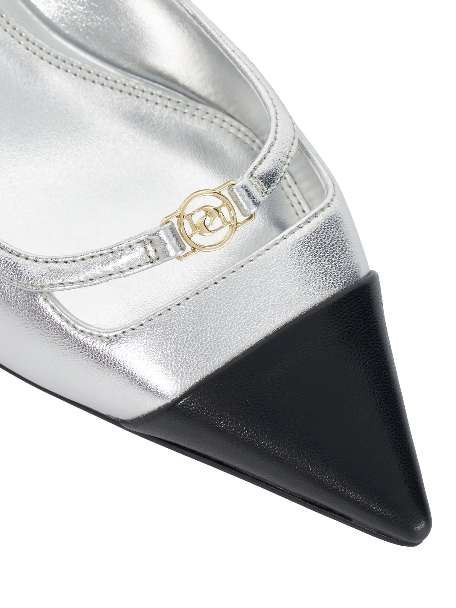 Product image 6 of 6, which shows Dune London Capsule Leather Contrast Toe Slingback Kitten Heel Sandals, Silver, EU36