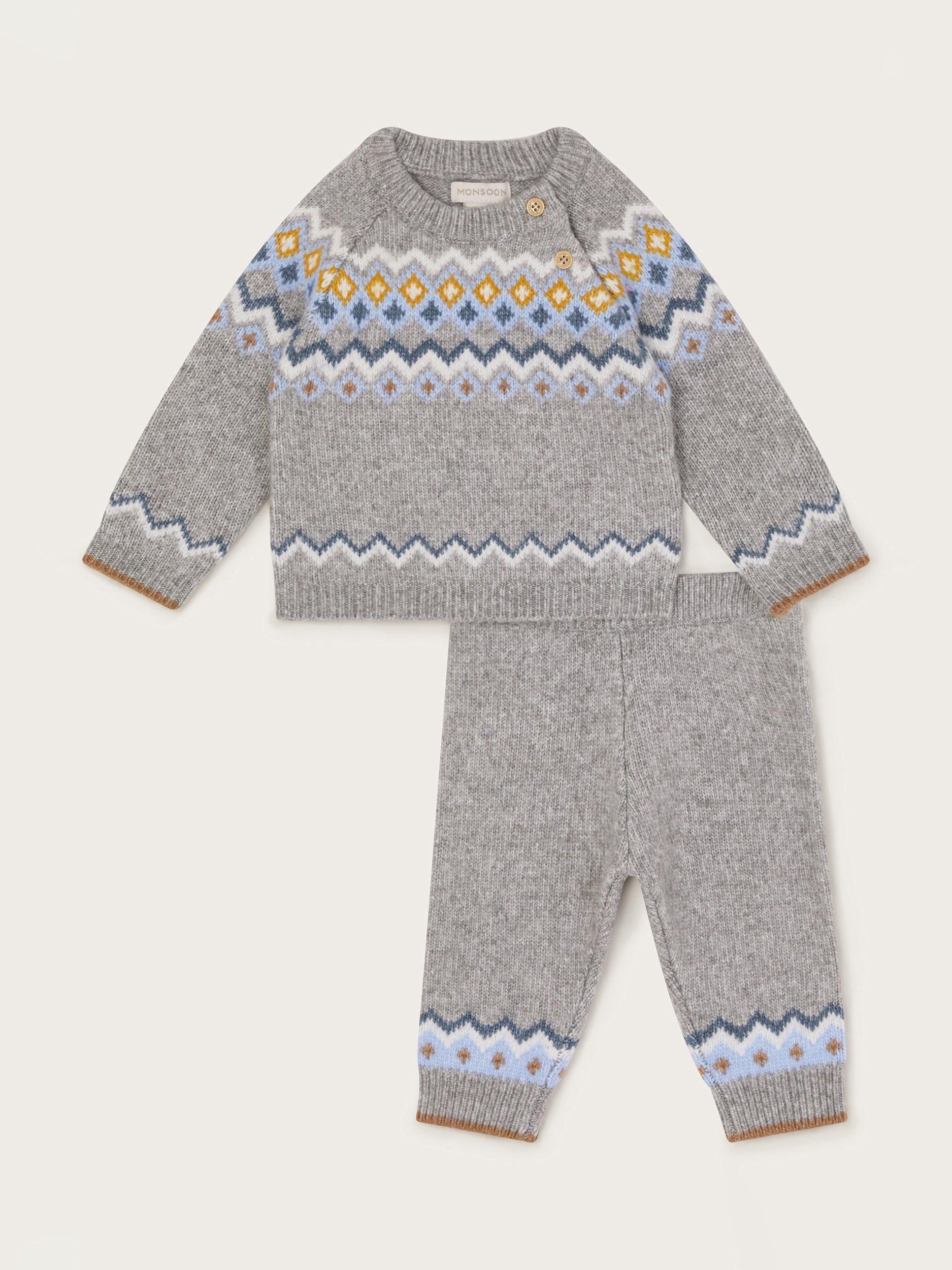 Monsoon Baby Fair Isle Knitted Top & Leggings Set, Grey