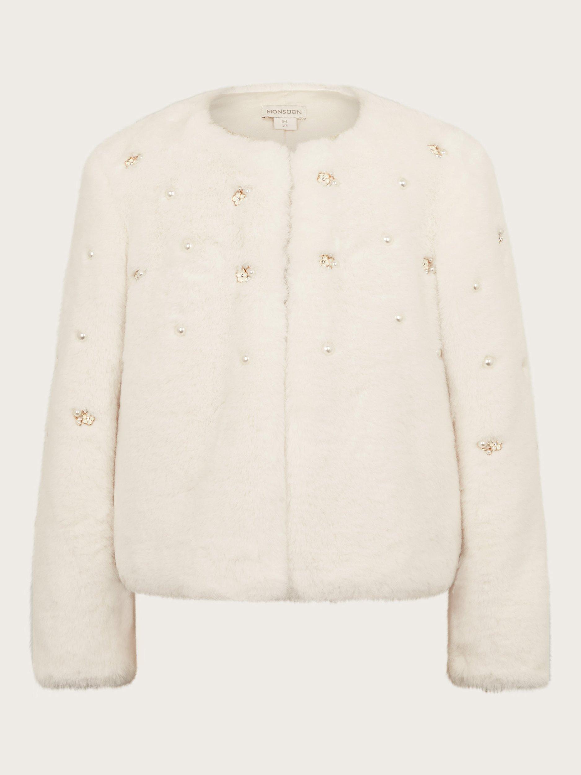 Monsoon Kids Embellished Faux Fur Coat Ivory