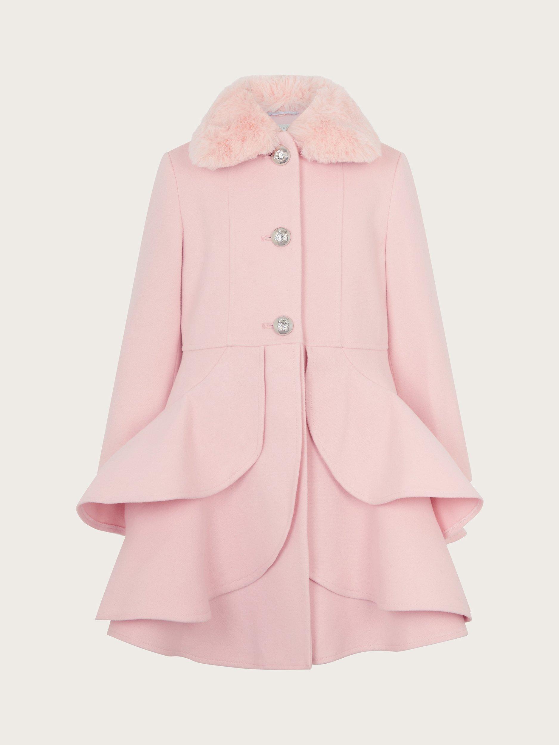 Monsoon Kids' Faux Fur Collar Ruffled Coat, Pink