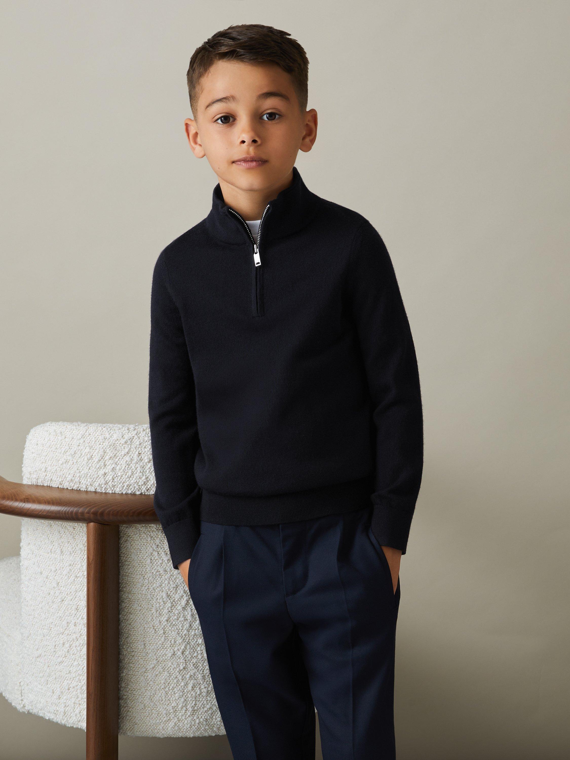 Product image 1 of 4, which shows Mango Kids' Blackhall Wool Zip Neck Jumper, Navy, 3-4 years