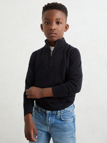 Reiss Kids' Blackhall Wool Zip Neck Jumper, Navy
