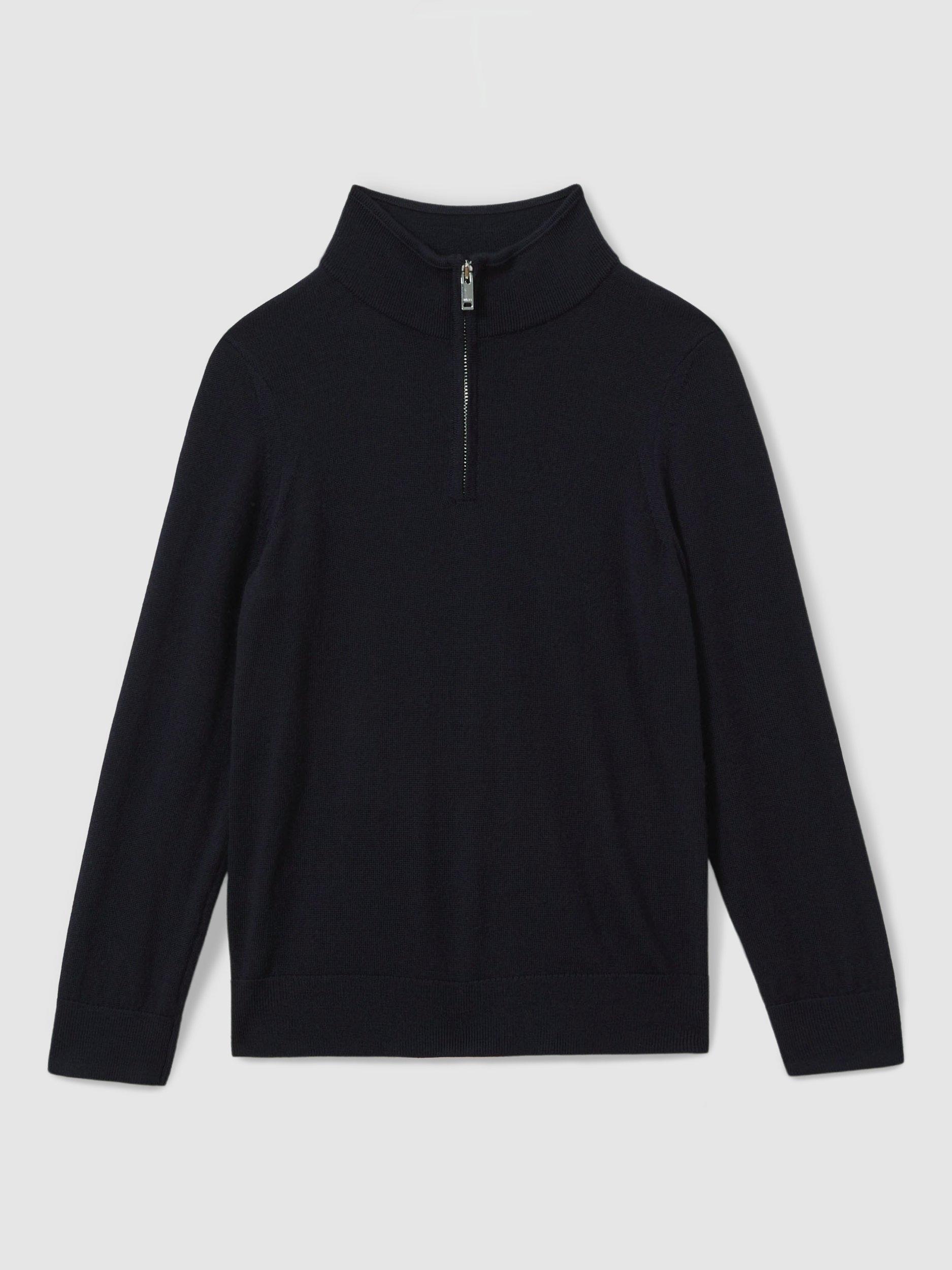 Product image 2 of 4, which shows Mango Kids' Blackhall Wool Zip Neck Jumper, Navy, 3-4 years