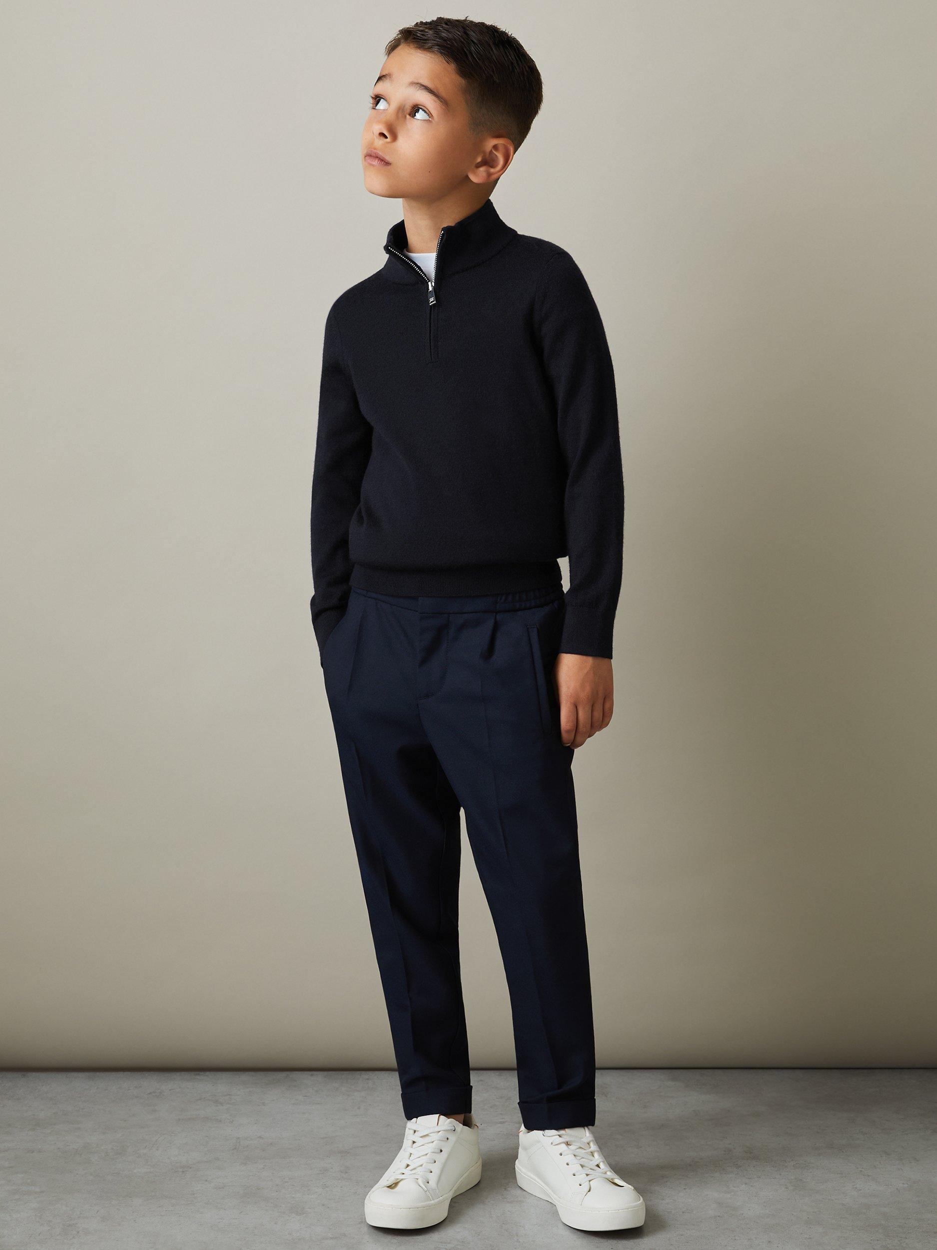 Product image 3 of 4, which shows Mango Kids' Blackhall Wool Zip Neck Jumper, Navy, 3-4 years
