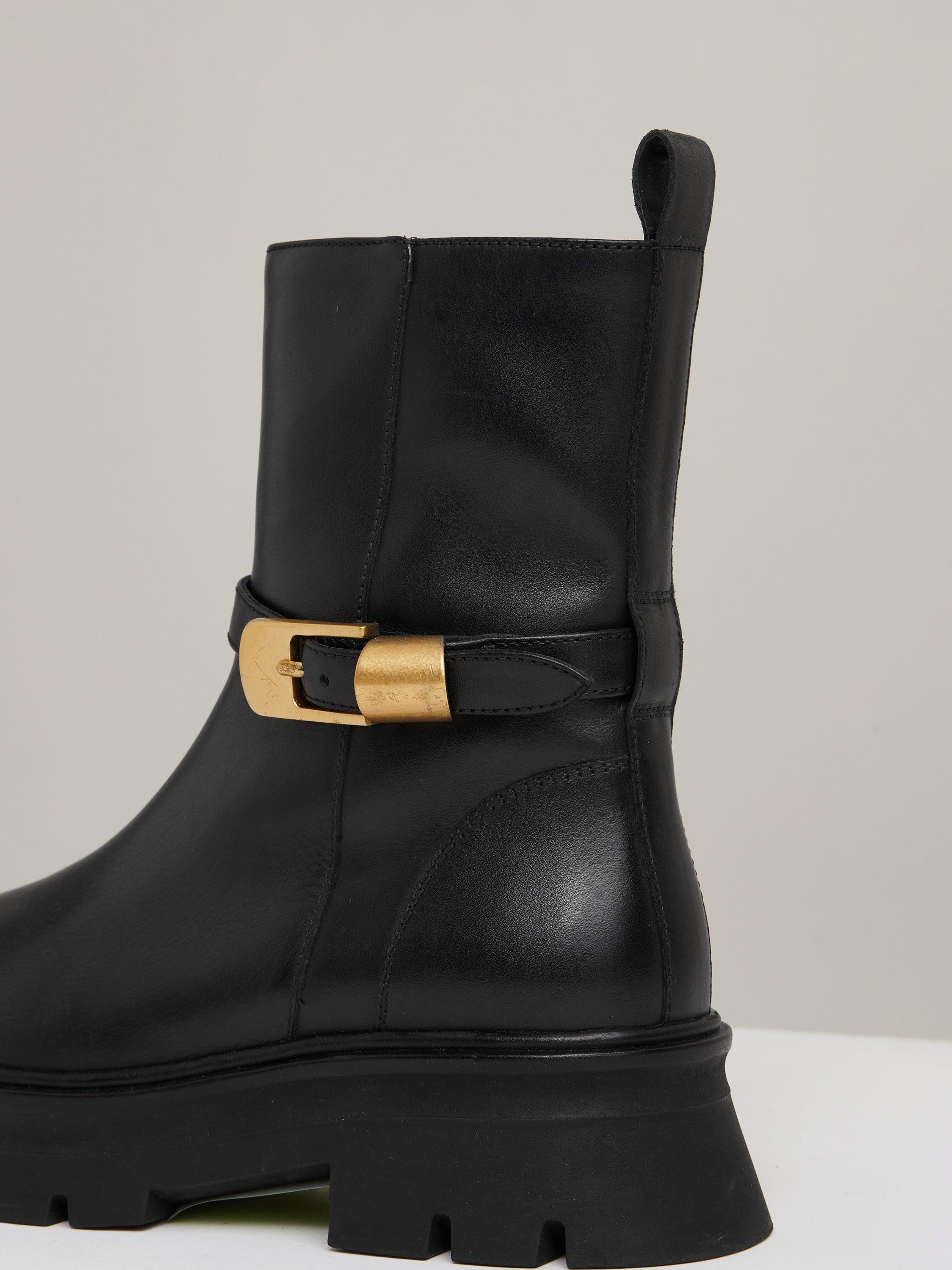 Reiss Elena Leather Buckle Detail Chunky Calf Boots Black