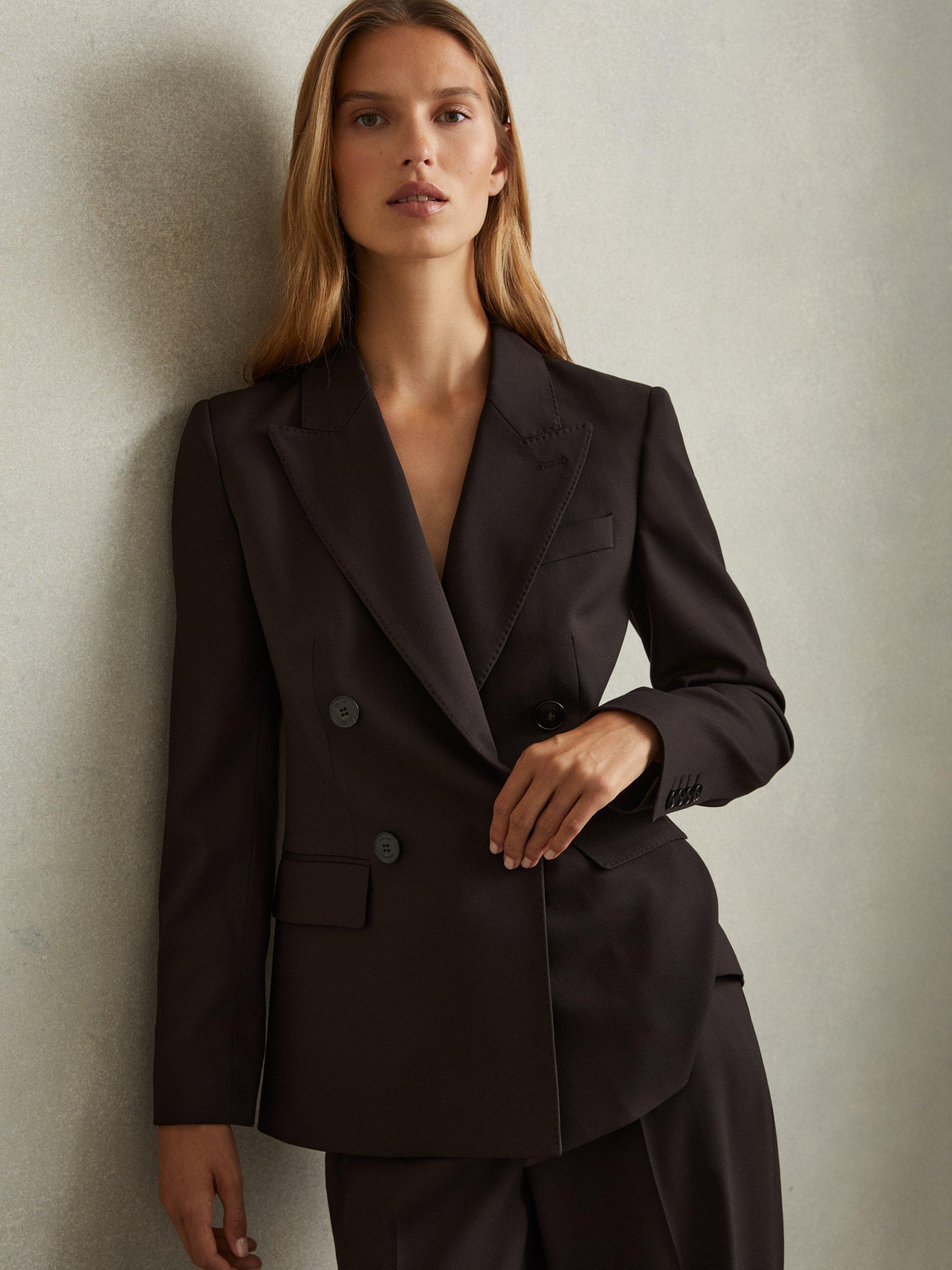 Reiss Evelyn Double Breasted Wool Blend Blazer Chocolate