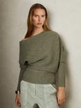 Reiss Nelly Wool Cashmere Off-The-Shoulder Draped Ribbed Jumper, Sage